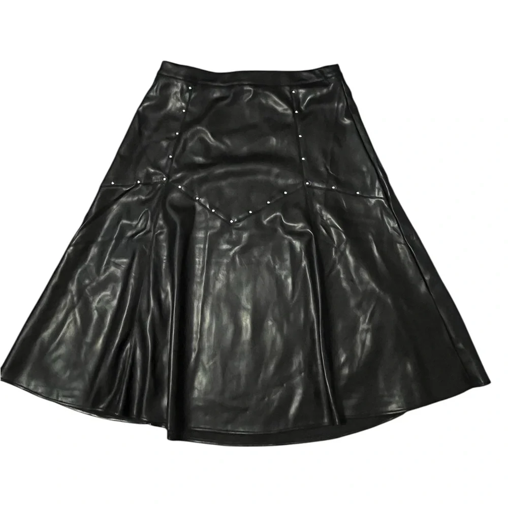 Marc New York Black Faux Leather Midi Skirt with Stud Details Size: Medium - Picture 2 of 9